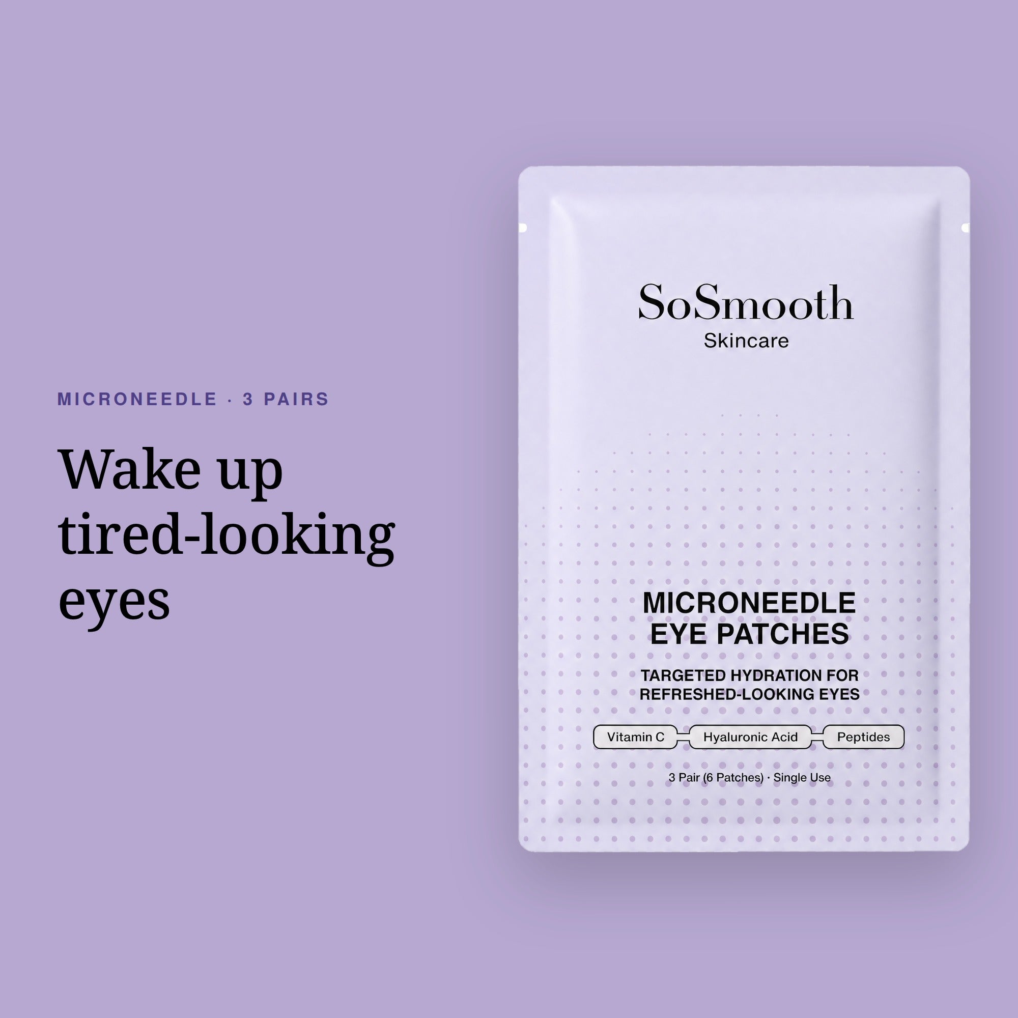 Microneedle Eye Patches sachet on a lilac background, headed Wake up tired-looking eyes.