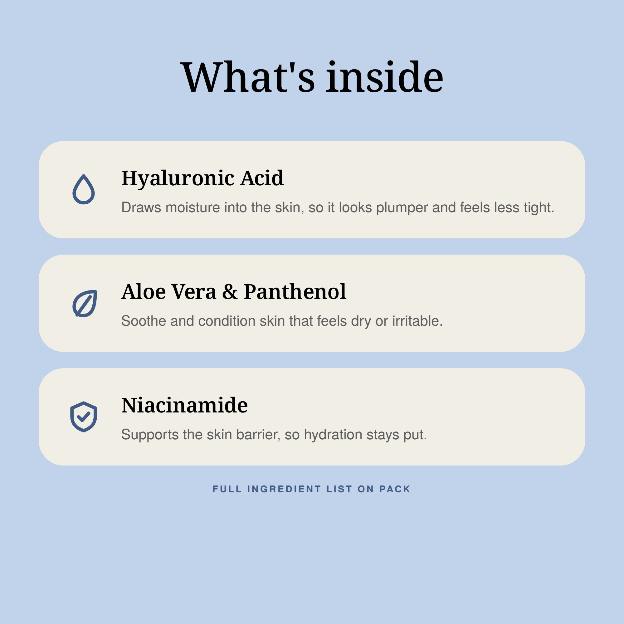 What's inside: Hyaluronic Acid, Aloe Vera and Panthenol, and Niacinamide.