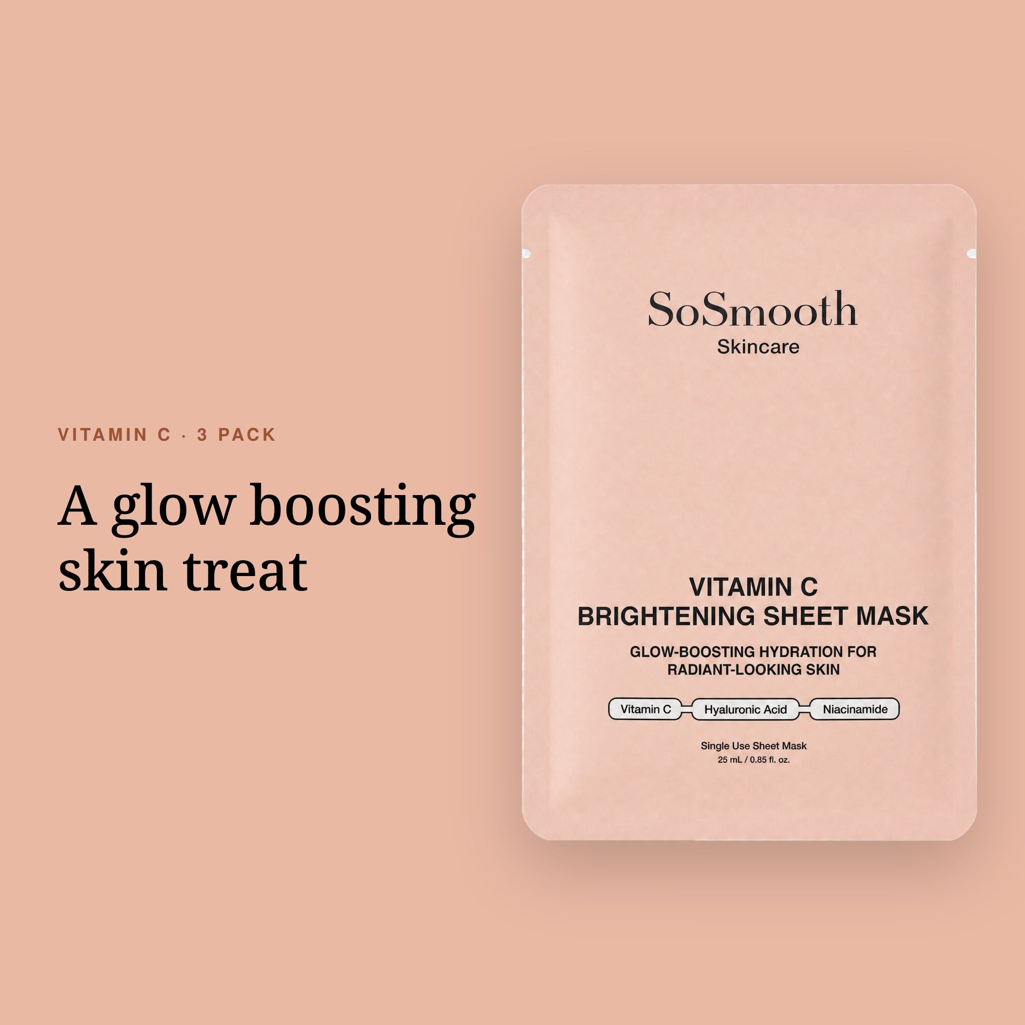 Vitamin C Brightening Sheet Mask sachet on a peach background, headed A glow boosting skin treat.